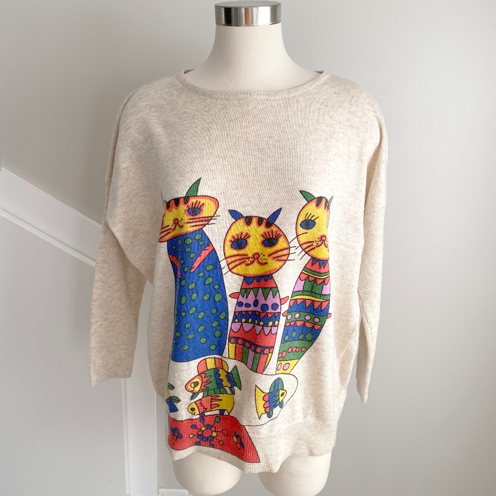Paper Plane Colorful Artsy Cat Graphic Sweater - Size M